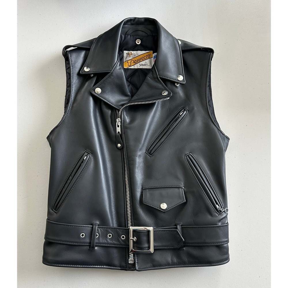 Schott NYC Perfecto 618 Vest Men 36 Black Leather Custom Motorcycle Belted Biker